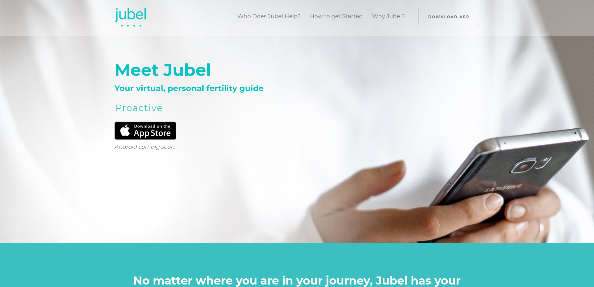 Jubel Health Website Landing page with header text: "Jubel Health, your virtual, personal fertility guide"