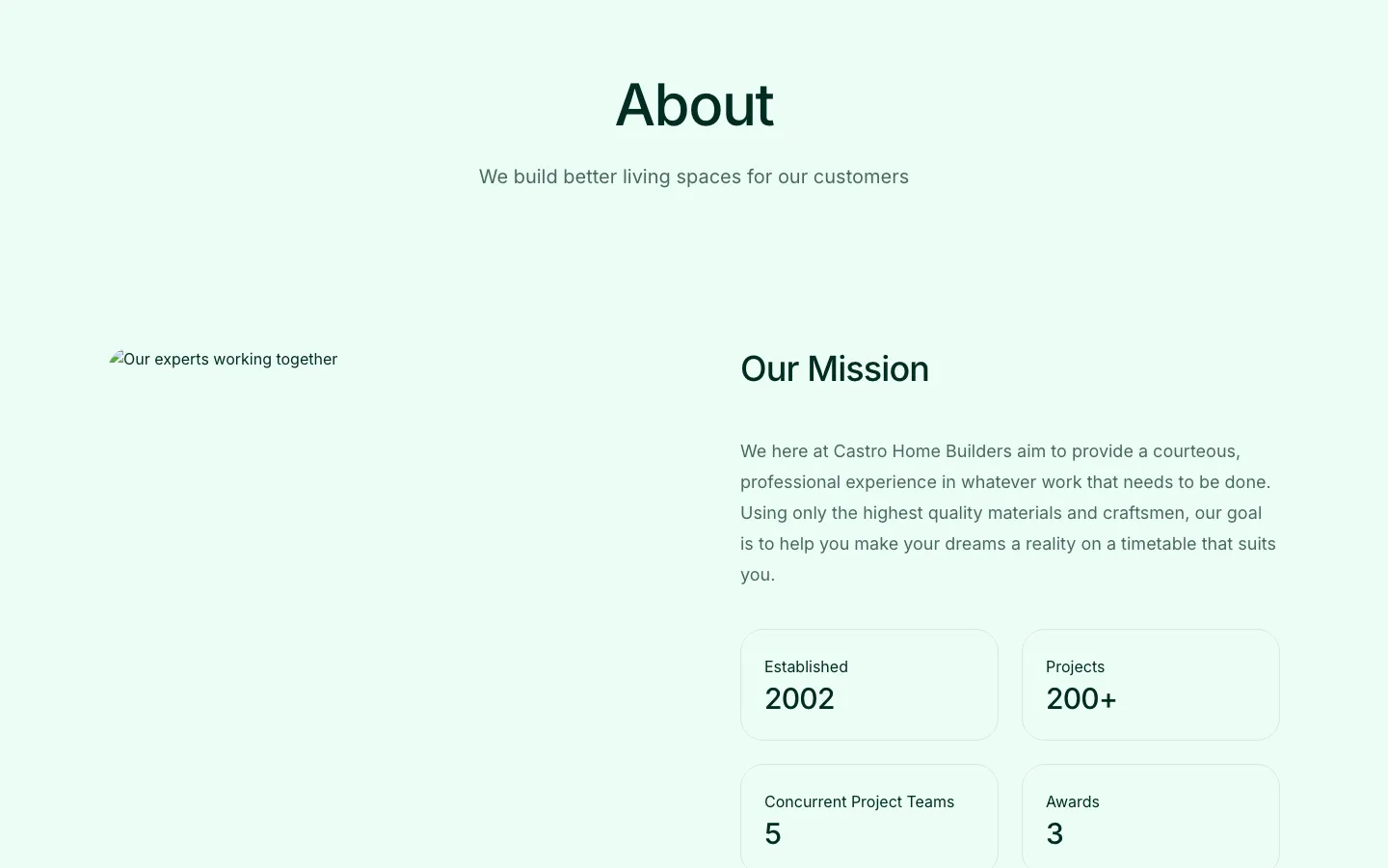 Castro Home Builders about page showing the mission statement and company stats
