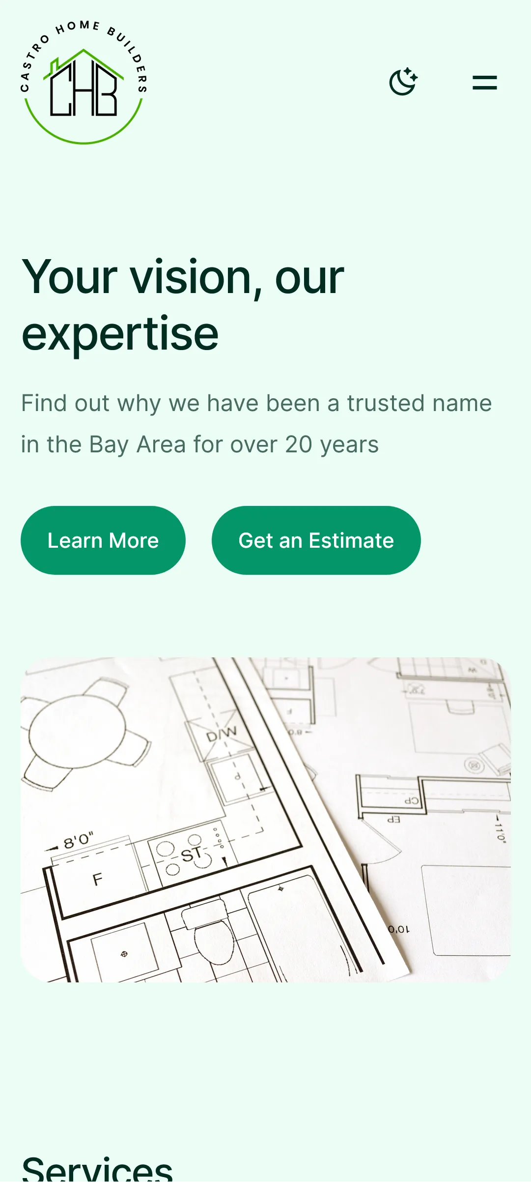 Castro Home Builders home page on mobile