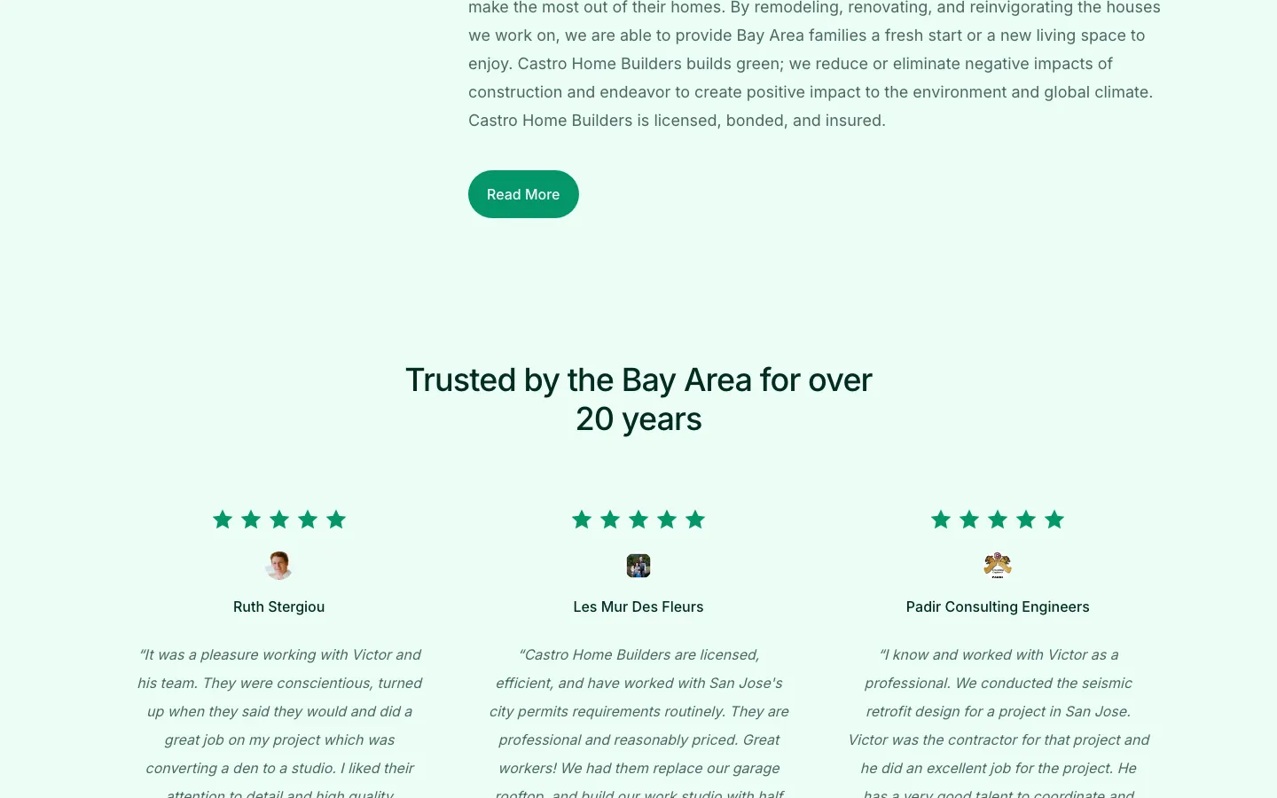 Castro Home Builders customer testimonials section with five-star reviews