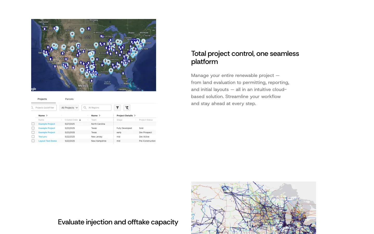 PVcase Prospect screenshot of a live project map with pinned parcel locations alongside a projects and parcels table