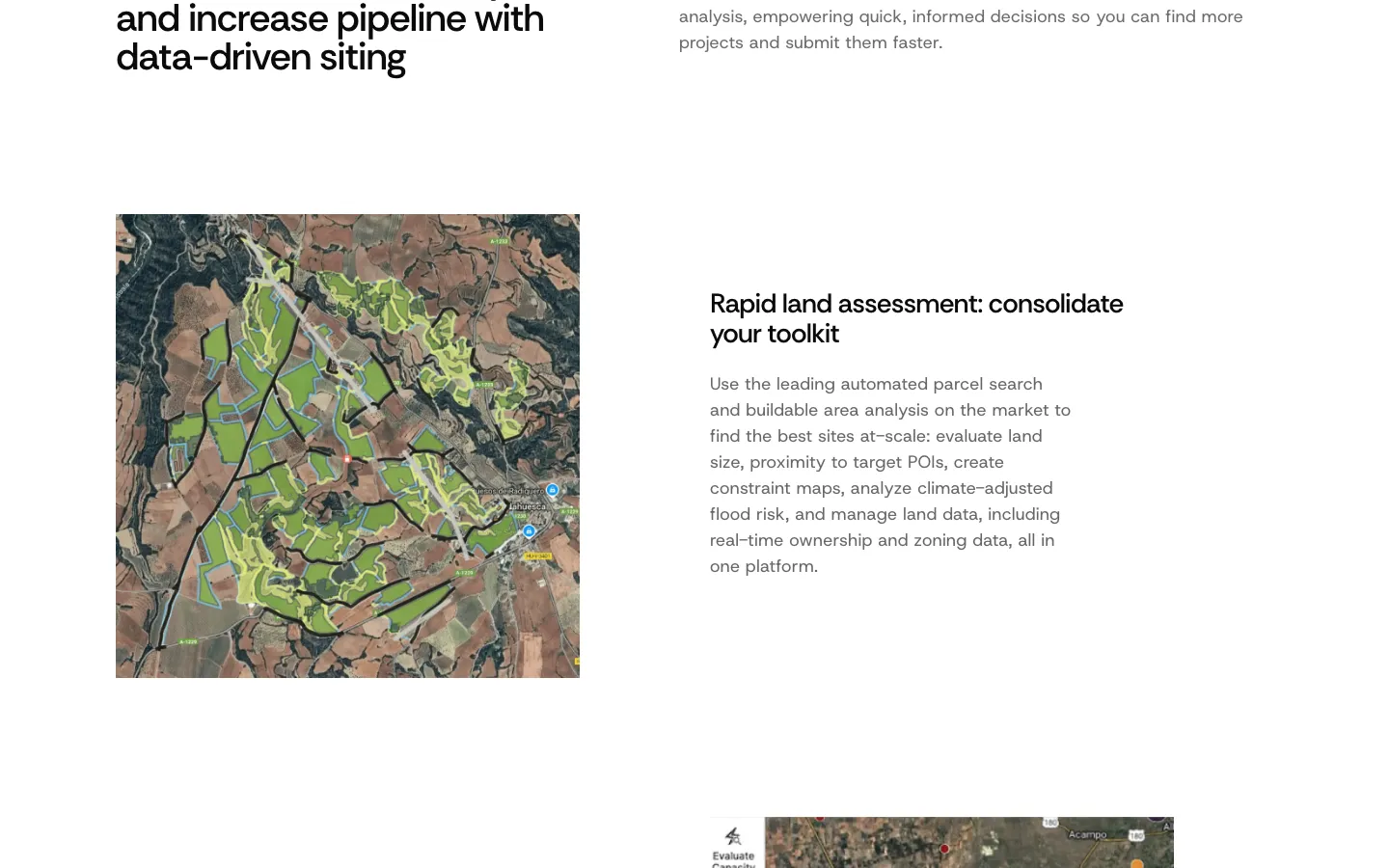 PVcase Prospect screenshot of a terrain and parcel map showing highlighted buildable land plots over satellite imagery