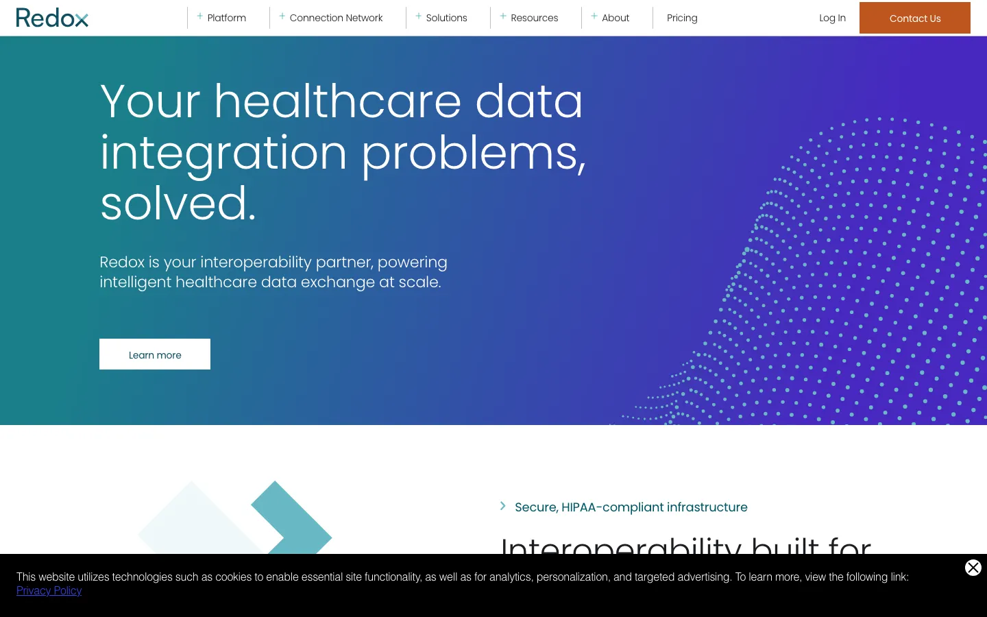 Redox website landing page with text: "Your foundation for AI-ready healthcare data"