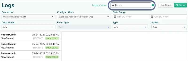 Redox dashboard screenshot of log search page