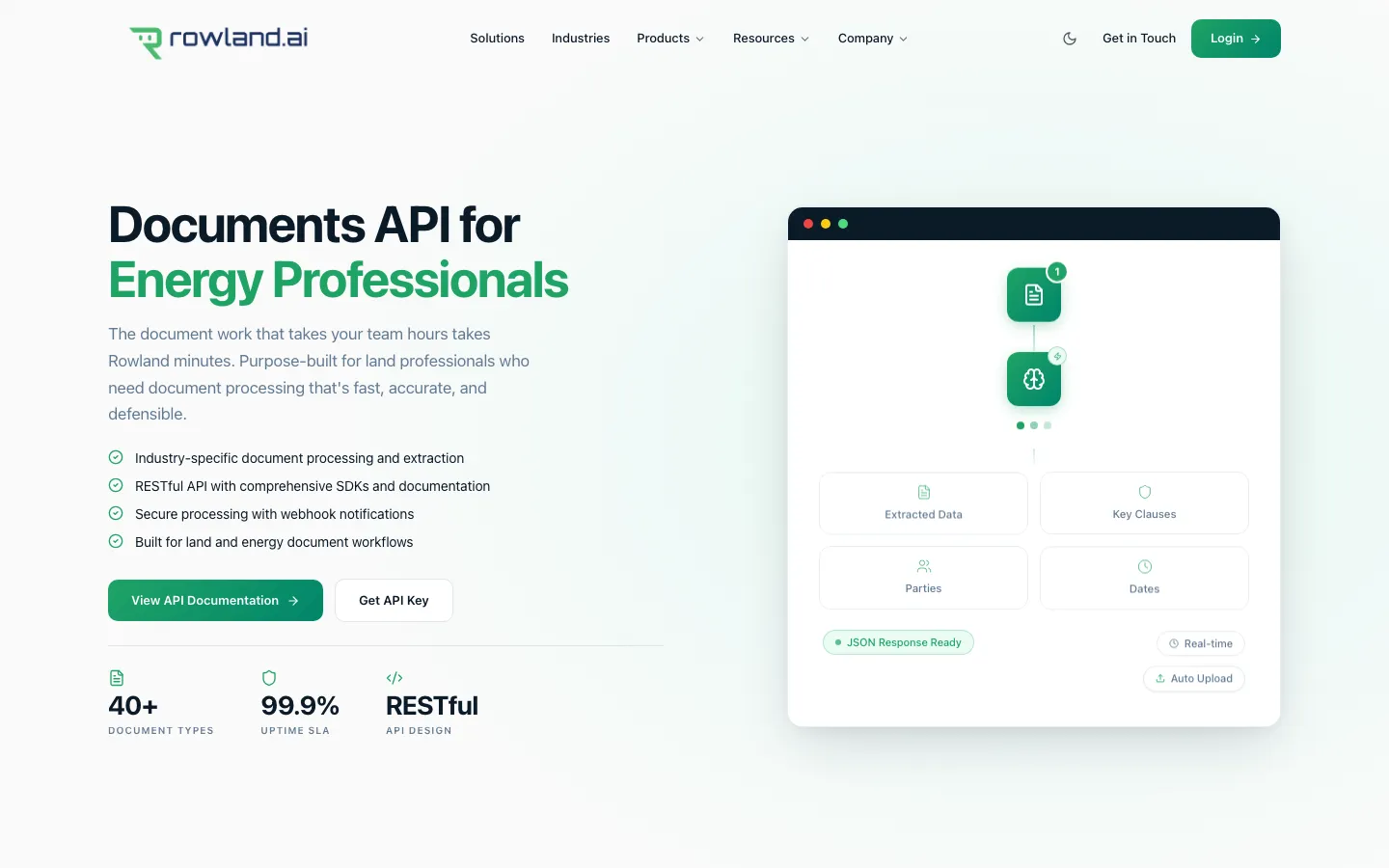 Rowland.ai Documents API screenshot showing extracted data results including key clauses, parties, and dates