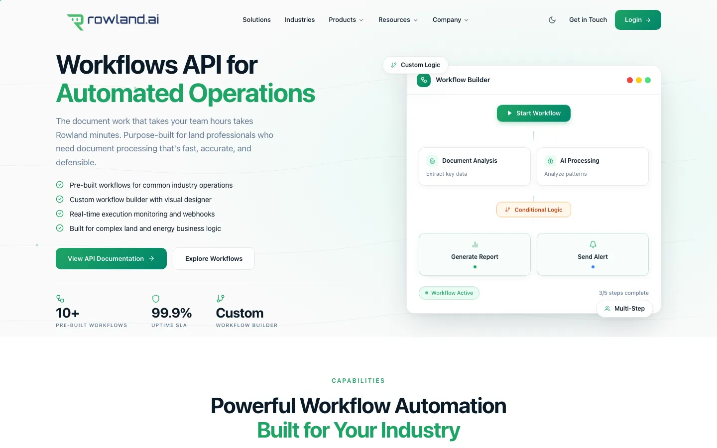 Rowland.ai Workflow Builder card showing a visual pipeline of document analysis, AI processing, and conditional logic steps