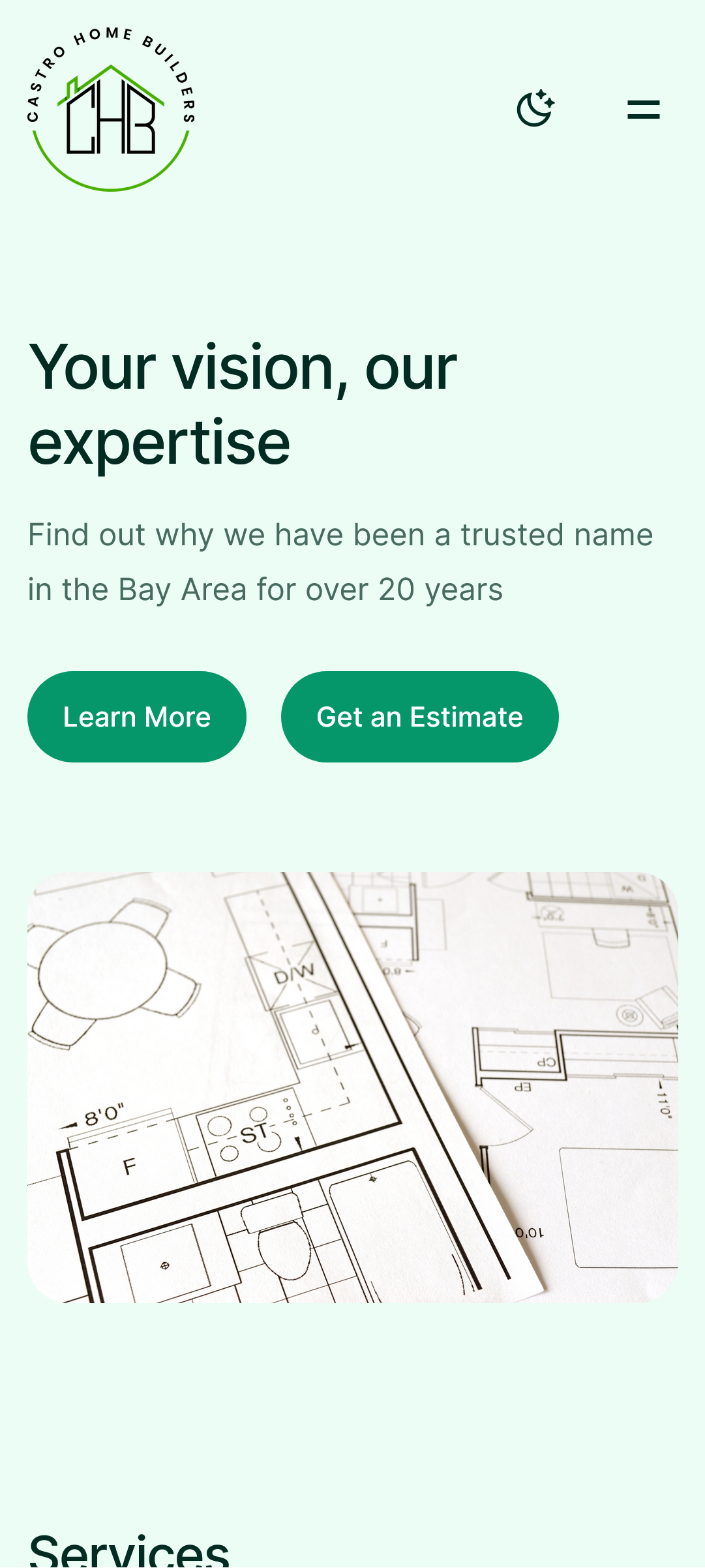 Castro Home Builders home page on mobile