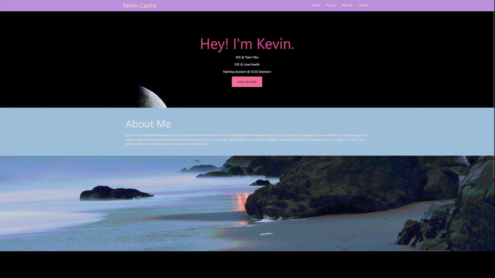 Old Portfolio home page with parallax scrolling background and an introduction for Kevin Castro as a full-stack engineer