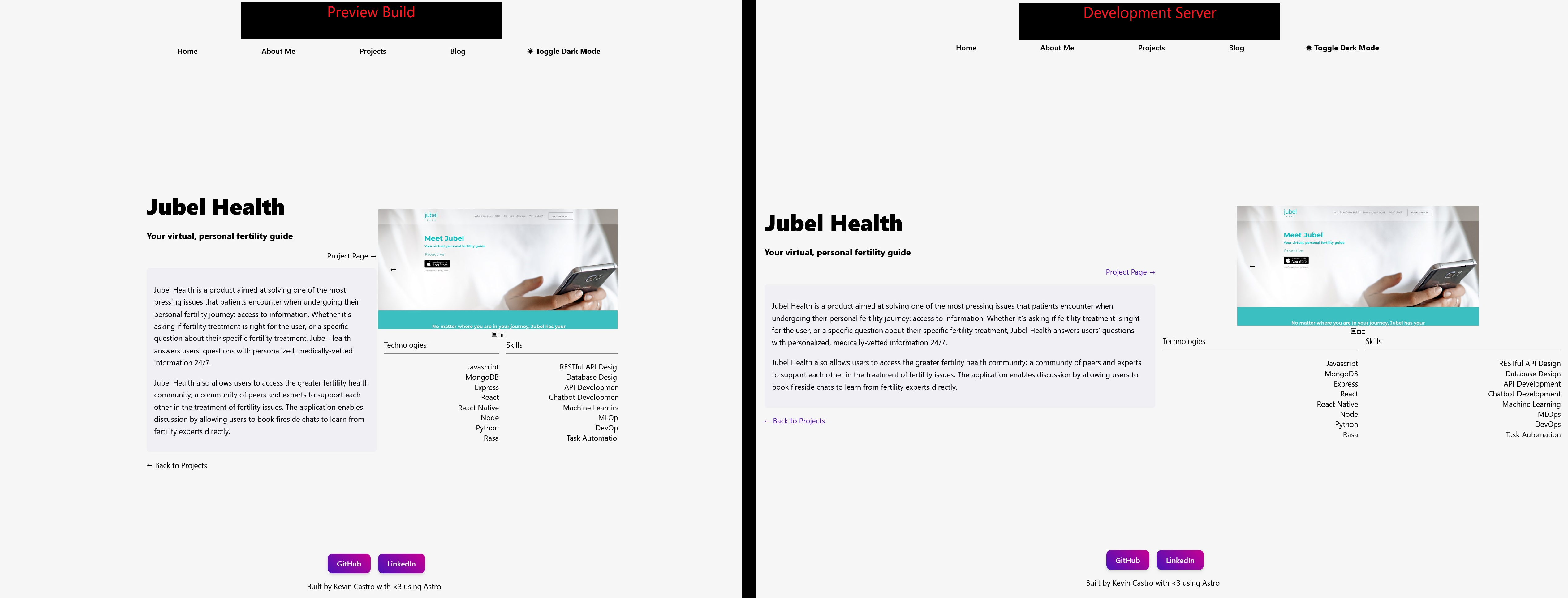 Current Portfolio Resume page with a comparison between the styling of the dev and preview build