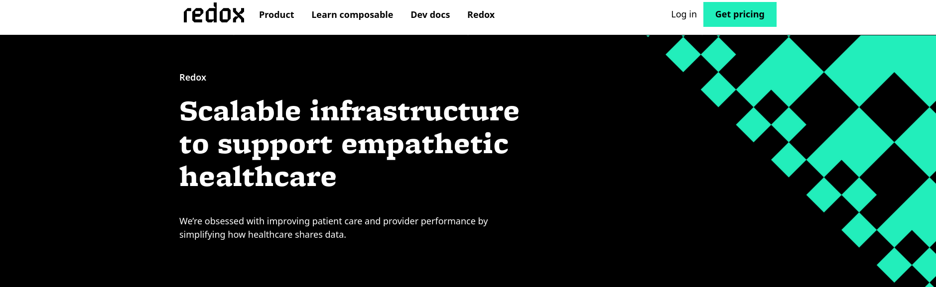 Redox website landing page with text: "Scalable Infrastructure to support empathetic healthcare"