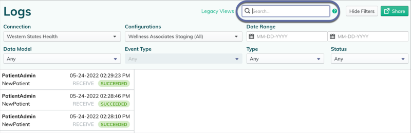 Redox dashboard screenshot of log search page