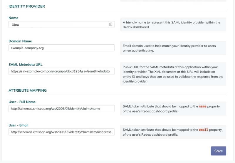 Redox dashboard screenshot of SSO setup page